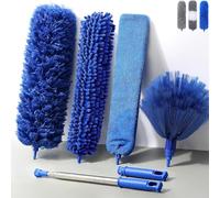 Plumeau télescopique lavable, barre télescopique et brosse d'angle pliable, en microfibre et acier inoxydable avec barre télescopique longue extensible jusqu'à 245 cm, bleu, 6