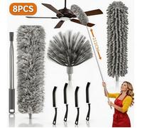 Plumeau Télescopique Microfibre 8PCS avec Perche Télescopique 2.5 m, Plumeau poussiere telescopique avec 3 Têtes+4 Brosse Interstice