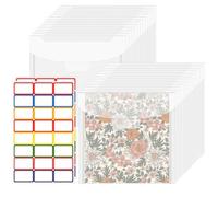 Plushly Lot de 24 organiseurs de rangement pour papier de scrapbooking avec couvercle, support pour pochoirs à biscuits et 48 autocollants, pochettes réutilisables en plastique transparent pour papier