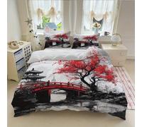 PNHCL Housse de Couette 140x200 cm 1 Personne, Housse de Couette Sakura Rouge Microfibre, Parure de Lit Style Japonais Fermeture éclair avec 2 Taie d'oreiller -TR2