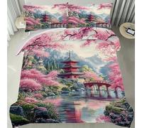PNHCL Housse de Couette 90x190 cm 1 Personne Housse de Couette Pont Japonais Sakura Microfibre, Parure de Lit Style Japonais Fermeture éclair avec 1 Taie d'oreiller -TR4