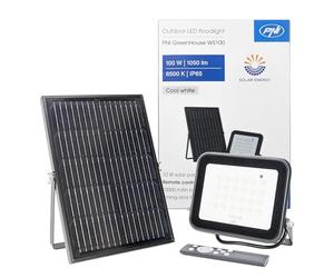 PNI GreenHouse WS50 Réflecteur LED 50 W avec panneau solaire, batterie 6000 mAh, télécommande, minuterie et luminosité réglables, 6500 K, IP65, Noir