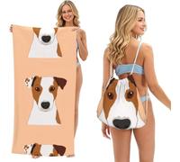 Poadnly Chien Jack Russell Terrier, Sac-Serviette 2-en-1 Compact : Serviette de Plage avec Sac à Dos à Cordon pour Les Voyages, Les Vacances et Le Camping