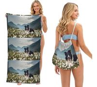 Poadnly Chiens Border Collie, Animaux de Compagnie, Prairie, Black Border, Sac-Serviette 2-en-1 Compact : Serviette de Plage avec Sac à Dos à Cordon pour Les Voyages, Les Vacances et Le Camping