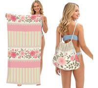 Poadnly Ensemble de Dentelle Florale Vintage à Pois Roses et Rayures Neutres, Style Shabby Chic., Sac-Serviette 2-en-1 Pliable, Serviettes de Plage avec Sac à Dos à Cordon pour Le Voyage