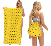 Poadnly Fond Jaune à Pois Noirs, Sac-Serviette 2-en-1 Compact : Serviette de Plage avec Sac à Dos à Cordon pour Les Voyages, Les Vacances et Le Camping