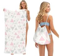 Poadnly Marbre géométrique Triangulaire Rose, Gris et Argent, Sac-Serviette 2-en-1 Compact : Serviette de Plage avec Sac à Dos à Cordon pour Les Voyages, Les Vacances et Le Camping