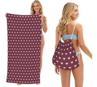 Poadnly Marron à Pois et cœur, Sac-Serviette 2-en-1 Compact : Serviette de Plage avec Sac à Dos à Cordon pour Les Voyages, Les Vacances et Le Camping