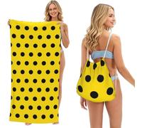 Poadnly Pois Noirs et Jaunes, Sac-Serviette 2-en-1 Compact : Serviette de Plage avec Sac à Dos à Cordon pour Les Voyages, Les Vacances et Le Camping