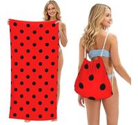 Poadnly Pois Rouges, Sac-Serviette 2-en-1 Compact : Serviette de Plage avec Sac à Dos à Cordon pour Les Voyages, Les Vacances et Le Camping