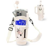 Pochette Bouteille Eau Initial Personnalisé pour Stanley 40oz Cup avec Poche pour Téléphone,Porte Gourde avec Sangle Ajustable,Porte Gourde Sac à Dos avec Couverture de Paille & Mousqueton (M)