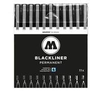 Molotow Blackliner Lot de 11 stylos à pointe fine avec encre permanente indélébile, étui, pointe biseautée et ogive, épaisseur de trait 0,05 à 1,0 mm, noirs