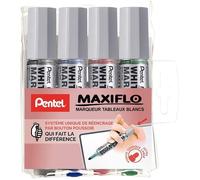 Pentel Maxiflo MWL5W/4, Pochette de 4 marqueurs tableaux blancs pointe conique ultra-large, Noir, Rouge, Bleu, Vert