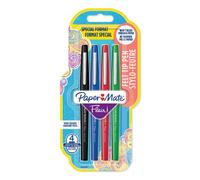 PAPER MATE Pochette de 4 feutres couleurs classiques : Bleu, Noir, Rouge, Vert. Pointe en nylon, taille moyenne (0,7 mm), résistante à l'écrasement, adaptée à l'écriture.