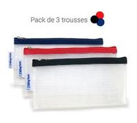 Pochette plastique transparente Waytex 931279- Lot de 3 - sans PVC pour documents et matériel 22 x 11 cm fermeture éclair Transparent / Noir - Transparent/ Rouge - Transparent / Bleu marine G
