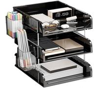 Pochettes de rangement pour papier empilables, avec supports, format A4, pour bureau, 3 niveaux, couleur noire