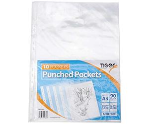 Pochettes transparentes en plastique Tiger de format A3, avec orientation portrait et perforations - Lot de 10