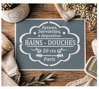 Pochoir Adhésif Bains-Douches 30 x 20 cm - Pochoir Salle de Bain Vintage Français - Motif Savons, Serviettes & Paris - Stencil Réutilisable Lavable pour Bois, Meuble, Mur, Carrelage et DIY