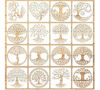 Pochoirs Arbre de Vie Réutilisables, Lot de 16, 15 x 15 cm, Modèle PET pour Peinture Murale, Meubles, Toile DIY