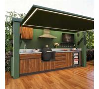 Pod de cuisine extérieur modulaire préfabriqué avec porte à charnière | Station de barbecue pré-assemblée avec gril, évier, réfrigérateur et armoire de rangement - Unité de cuisson extérieure pour