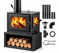 Poêle À Bois D'intérieur, Chauffage À Combustible Solide Avec Arrivée | Structure En Acier Épais, Vitres D'observation (façade Et Côtés), Kit Complet De Conduits D'évacuation, Support Inférieur