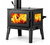 Poêle à Bois en Fonte, Double Vitre, Chauffage au Bois | Poêle Intérieur avec Vitre Résistante à 1200 °C, Plaque de Cuisson, Air Réglable, Sortie de Fumée de 10 cm(40cm/15.7in)