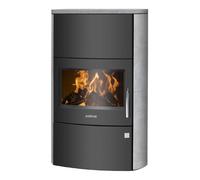Poêle à bois JUSTUS AGERO W+ avec bloc accumulateur – 7 kW Acier noir, habillage pierre ollaire, Sans buse de raccordement (standard)