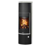 Poêle à bois Justus Faro W+ 2.0 | 7 kW fonction accumulation Limestone Bianco, corps en acier noir, Sans buse de raccordement (standard)