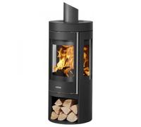 Poêle à bois Justus Mino Trios 2.0 | 5,5 kW Acier noir, dessus acier noir, porte en fonte, Sans buse de raccordement (standard)