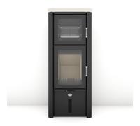 Poêle à bois Max Blank Odin BF 7,5 kW Compartiment de cuisson Panneaux latéraux et couvercle en pierre naturelle crème lisse, raccord de conduit de fumée à l'arrière