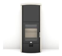 Poêle à bois Max Blank Toulouse SP 6,5 kW Accumulateur de chaleur Panneaux latéraux et couvercle en pierre naturelle crème lisse, raccord de conduit de fumée à l'arrière