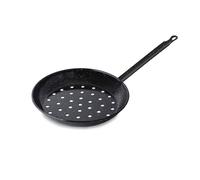 VAELLO Poêle à Châtaignes Émaillée - Cuisson Feu de Bois Fond Perforé - Long Manche Sécurisé - Expérience Traditionnelle Cheminée Barbecue - Noir - Ø 28 cm
