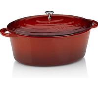 Poêle à frire avec couvercle, fonte, revêtement émail, haute tenue à la chaleur, adapté à l'induction, 9,5 L, rouge, ovale, Calido