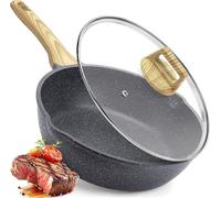 Poêle à frire avec couvercle - Poêle en grès - Cuisine saine - Bords hauts et bec verseur - 28 cm, 4,5 L - Gris