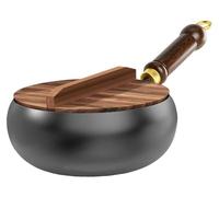 Poêle à frire type wok - Poêle plate - Fabriquée à la main en fonte - Non revêtue, avec un effet antiadhésif naturel - Poignée en bois résistante à la chaleur - Diamètre : 28 cm - Compatible gaz et in