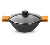 Poêle à frire wok antiadhésive de 24 cm avec couvercle et grille, en aluminium, de couleur noire