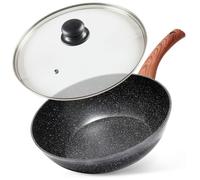 Poêle à frire Wok Black&amp Wood - Antiadhésive avec Couvercle en Verre - 28 cm - Noir et Bois