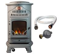 Poele à gaz 3,4 KW Gris Perle Effet poêle à bois Fonte véritable + Tuyau gaz + détendeur butane Provence Sahara