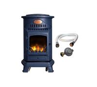 Sahara - Poêle à gaz Provence 3,4kW Bleu Saphir Mat Effet poêle à Bois Fonte véritable Chauffage d'appoint + Tuyau gaz et détendeur