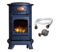 Poele à gaz 3,4KW Bleu Saphir Mat Effet poêle à bois Fonte véritable + Tuyau gaz + détendeur butane Provence Sahara