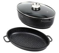Poêle à granit avec couvercle - Poêle à fond plat - 3 en 1 - Aluminium - 8 + 3,2 litres - 39 x 26,5 x 18 cm - Noir