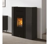Poêle à granulés Edilkamin Blade H 15 Evo 14,9 kW Hydro Verkleidung Stahl Schwarz - zentraler Fronteinsatz aus schwarzem Glas