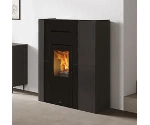 Poêle à granulés Edilkamin Blade H 15 Evo 14,9 kW Hydro Verkleidung Stahl Schwarz - zentraler Fronteinsatz aus schwarzem Glas