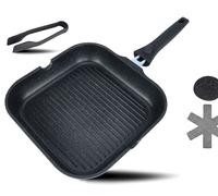 Poêle à griller DIVORY 28 x 28 cm avec bec verseur et poignées amovibles - Poêle à steak compatible induction - Poêle revêtue pour barbecue, avec pince à barbecue et nappe en feutre