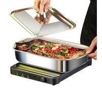Poêle à Griller en Acier Inoxydable Plat de Cuisson avec Couvercle en Acier
