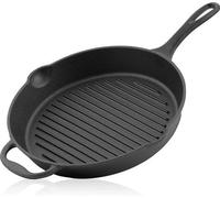 Poêle à griller en fonte Unyqoos® de 29 cm, rainurée, pré-assaisonnée, avec manche et poignée latérale, 2 becs verseurs, compatible four, grill et plaques de cuisson (gaz/électrique/induction)
