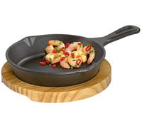 Poêle à servir en fonte - Mini plat à gratin - Rond - Avec dessous en bois - Pour four et toutes sources de chaleur