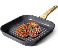Poêle à steak avec surface de cuisson grillée - Poêle en aluminium moulé - Cuisson grillée des deux côtés - Revêtement antiadhésif en pierre naturelle - 28 x 28 cm - Gris