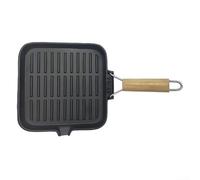 Poêle à steak en fonte 24 x 24 cm avec poignée pliable et poignée en bois pour plaque à induction, camping, barbecue