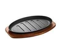 Poêle à steak - Plat de service ovale en fonte pour barbecue avec base en | Plaque de grill - 1500 g de fer + bois | 25,4 cm pour la cuisine, le service, la maison, le restaurant, le barbecue